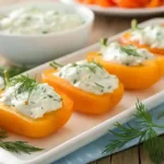 Mini orange bell peppers stuffed with herb cream cheese, topped with fresh dill, arranged on a white serving platter.