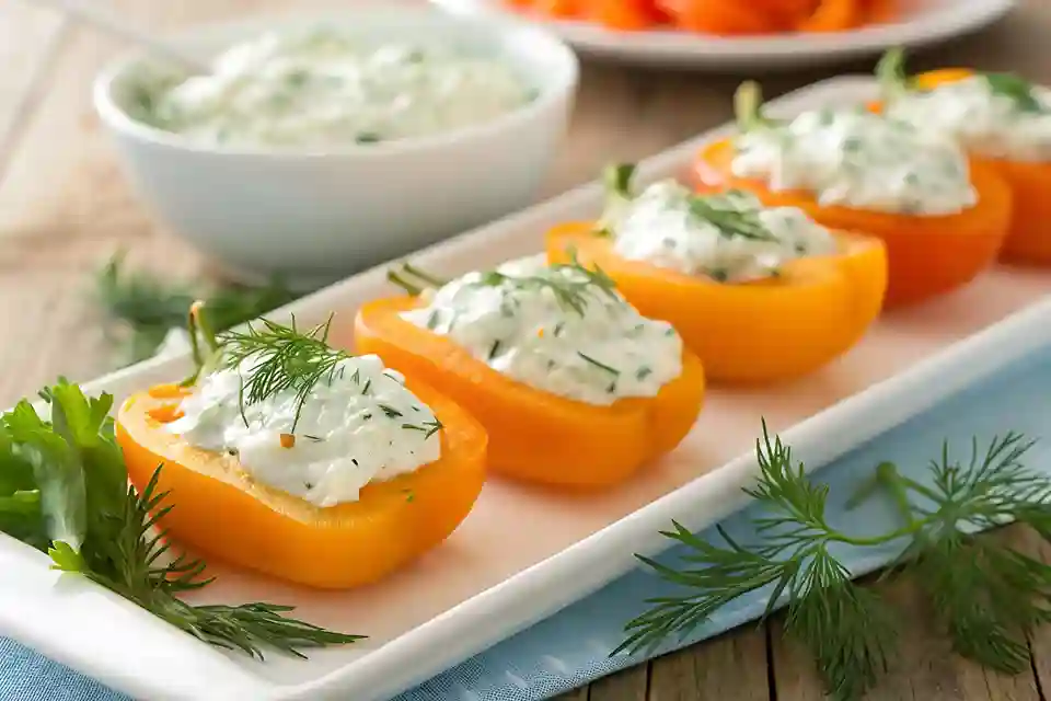 Mini orange bell peppers stuffed with herb cream cheese, topped with fresh dill, arranged on a white serving platter.