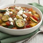 Bowl of zucchini con patate with potatoes, zucchini, and tomato sauce.