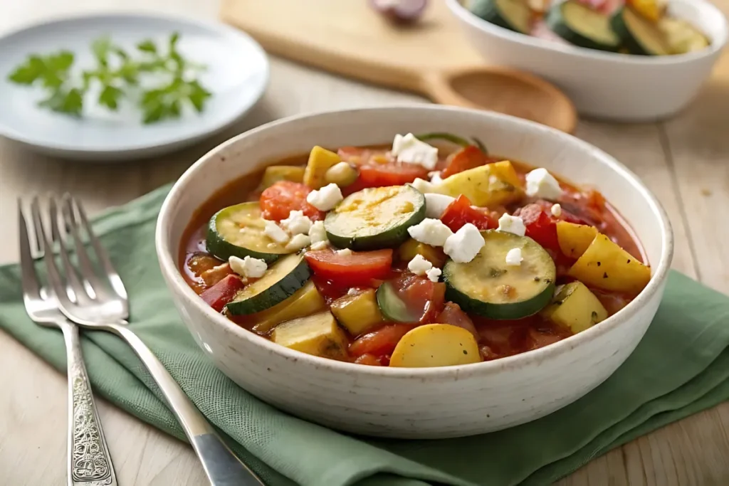 Bowl of zucchini con patate with potatoes, zucchini, and tomato sauce.