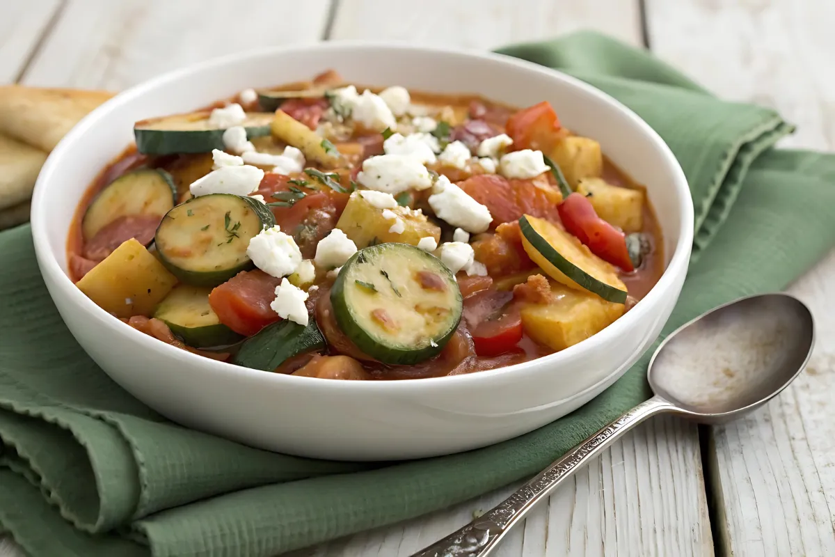 Bowl of zucchini con patate with potatoes, zucchini, and tomato sauce.