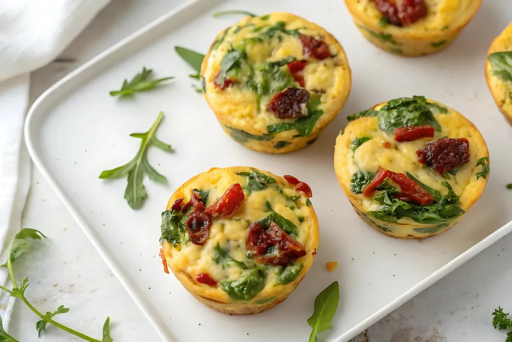 Freshly baked high protein egg bites served with greens and dipping sauce.