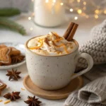 A festive Ginger Yule Latte with frothy milk, orange zest, and cinnamon in a cozy winter setting.