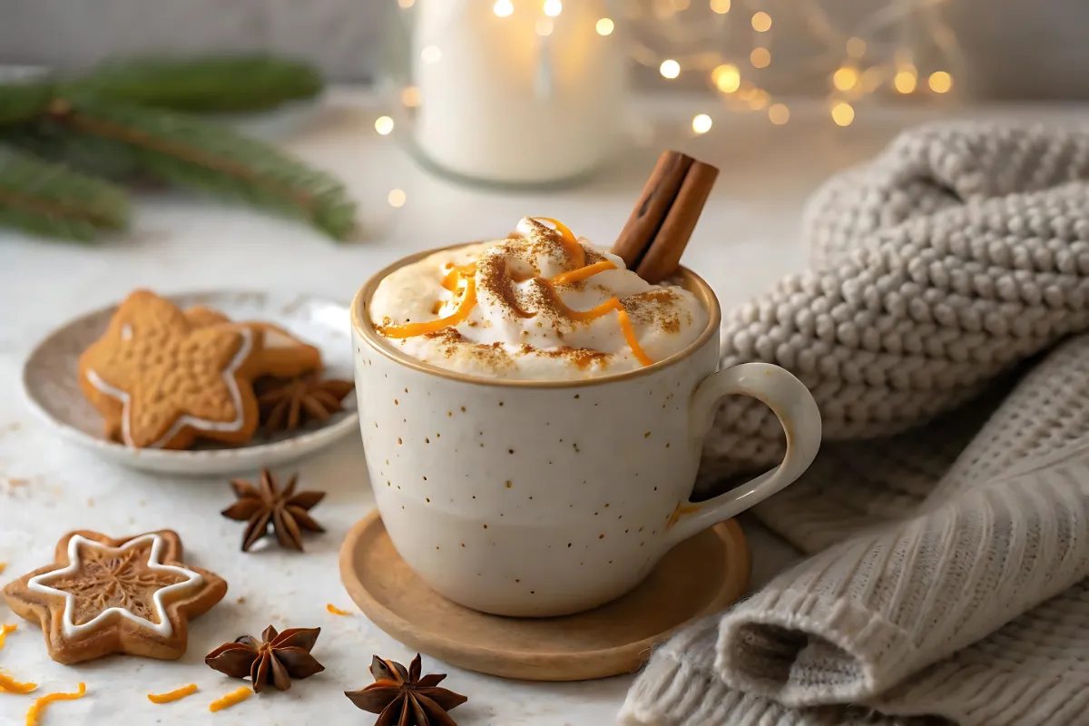 A festive Ginger Yule Latte with frothy milk, orange zest, and cinnamon in a cozy winter setting.