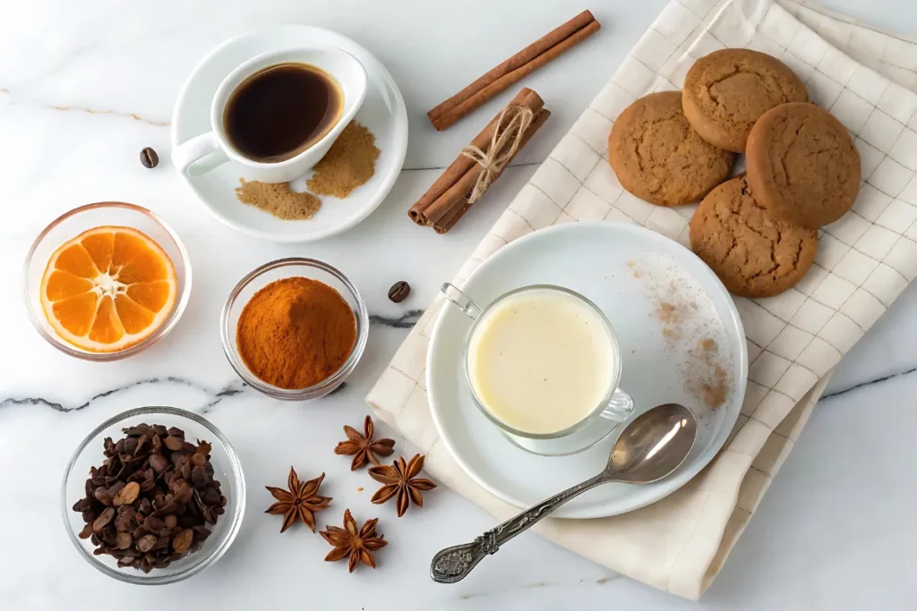 Ingredients for a homemade Ginger Yule Latte, including espresso, steamed milk, gingerbread syrup, and orange zest.