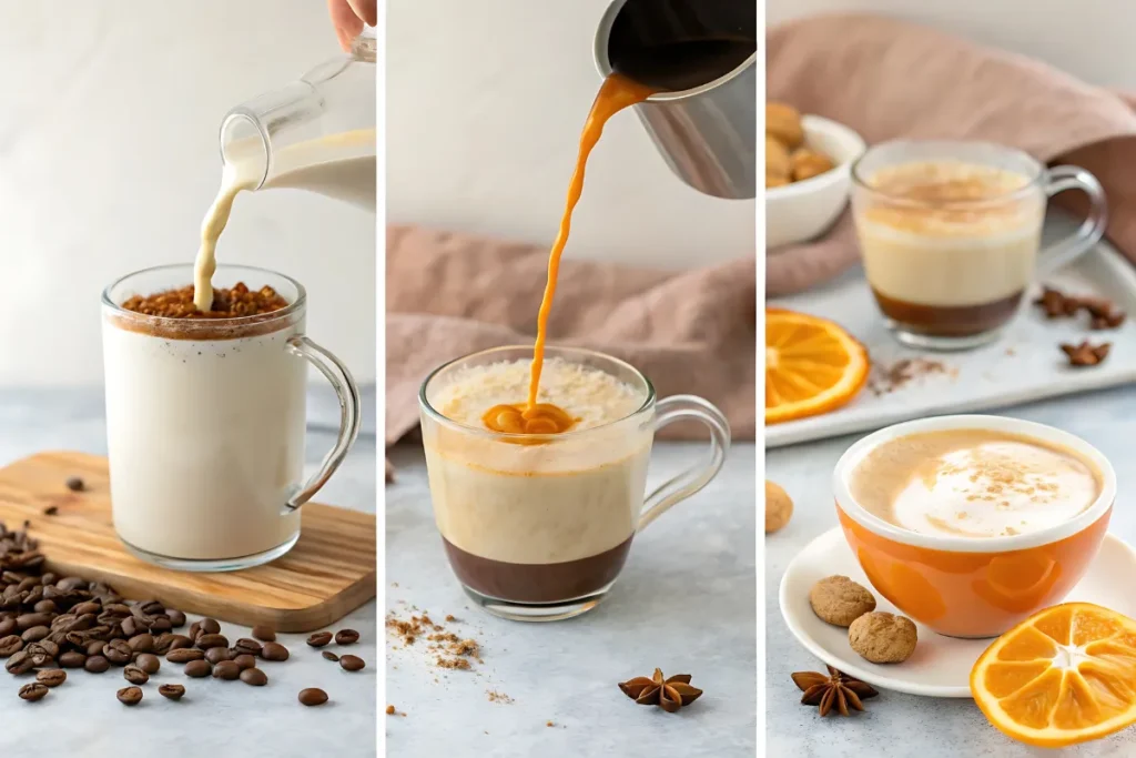 Step-by-step process of making a Ginger Yule Latte, from espresso to frothed milk and garnishing.