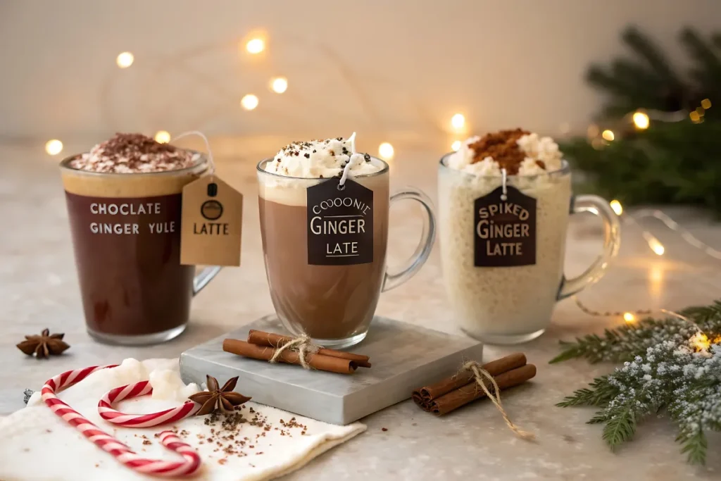 Three variations of the Ginger Yule Latte, including chocolate, coconut, and spiked versions.