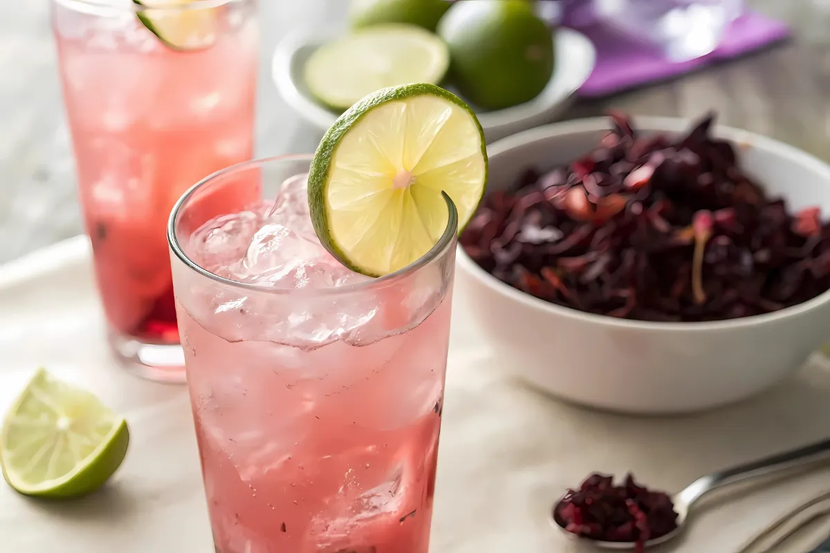 Glass of hibiscus spritz mocktail with ice, lime wedge, and mint garnish