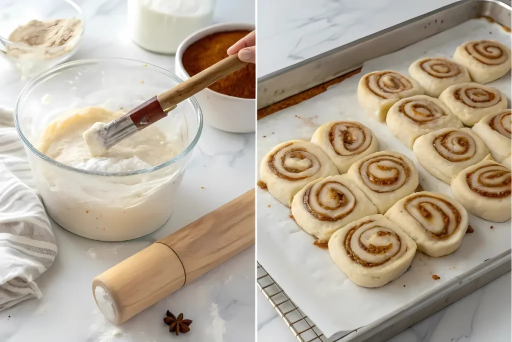 Step-by-step preparation of homemade cinnamon rolls from dough to baking.