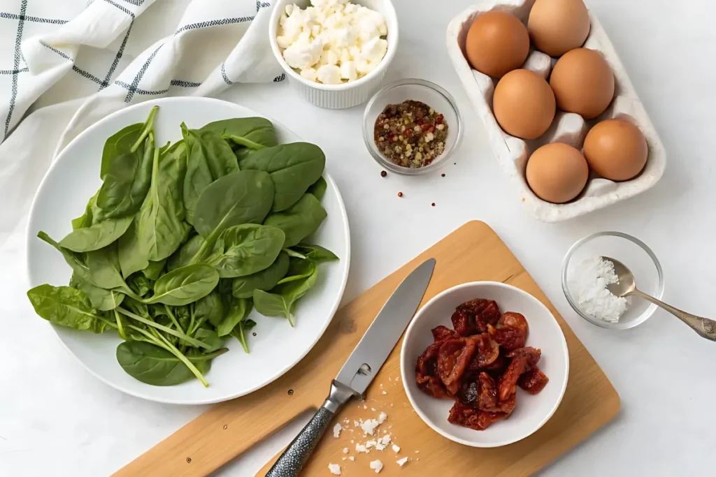 Ingredients for high protein egg bites arranged on a marble countertop.