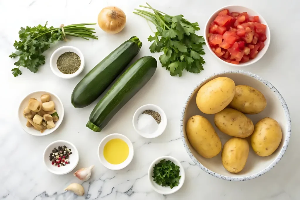 Fresh ingredients for zucchini con patate recipe on a kitchen counter.