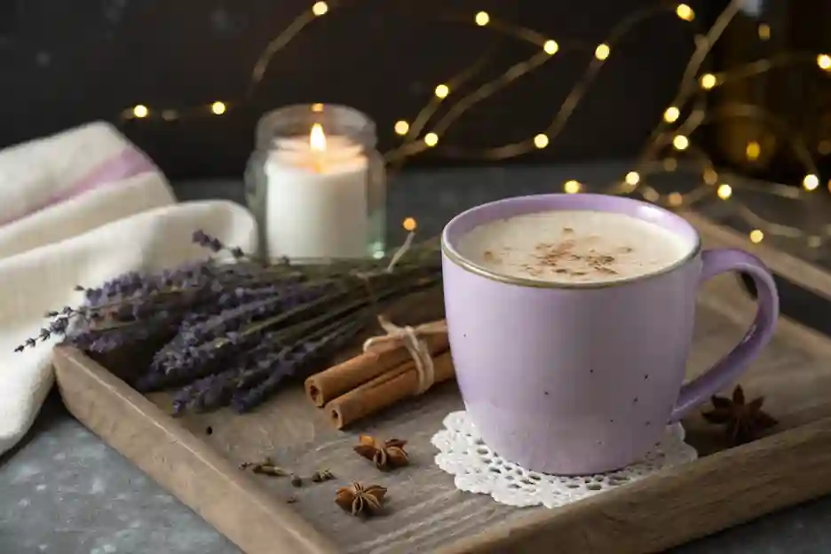 A steaming cup of Lavender Moon Milk in a cozy ceramic mug, garnished with dried lavender and cinnamon.