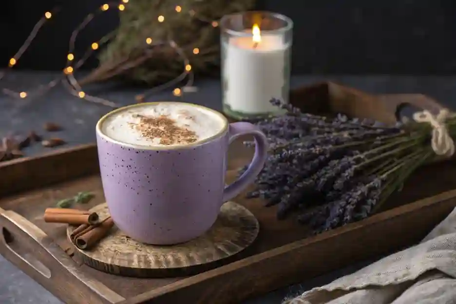 A frothy, beautifully garnished Lavender Moon Milk served in a rustic ceramic mug on a wooden tray.