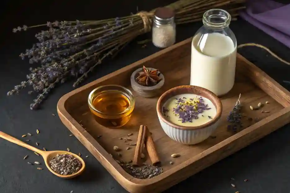 A top-down view of Lavender Moon Milk ingredients, including milk, dried lavender, honey, and cinnamon, arranged on a wooden table.