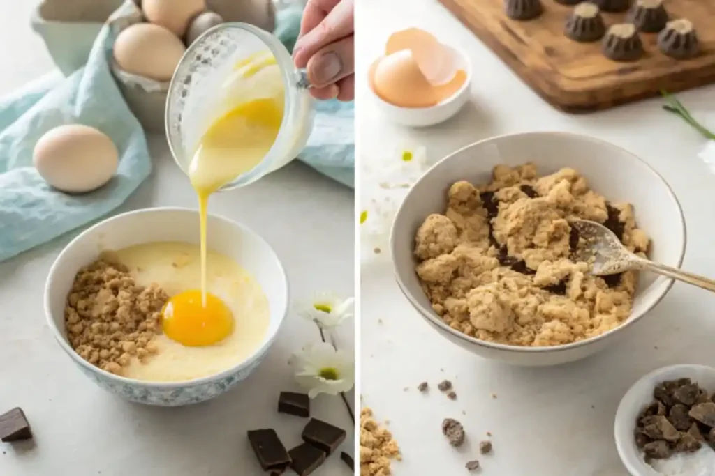 Mixing crushed cookies with melted butter to create a firm base for Easter egg cheesecake