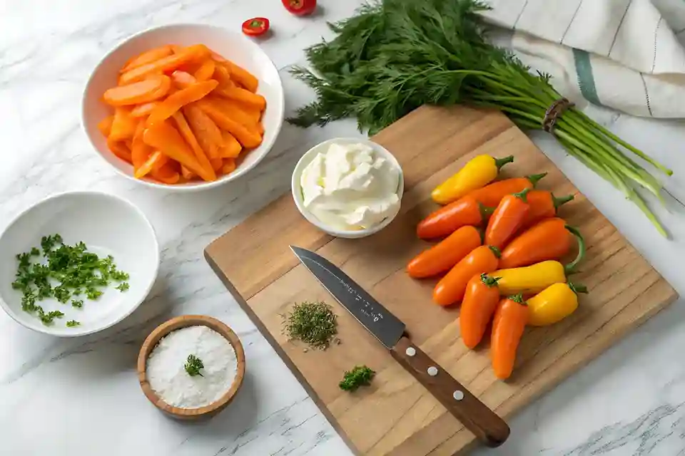 Fresh ingredients including mini orange bell peppers, cream cheese, sour cream, scallions, dill, and parsley on a white countertop.