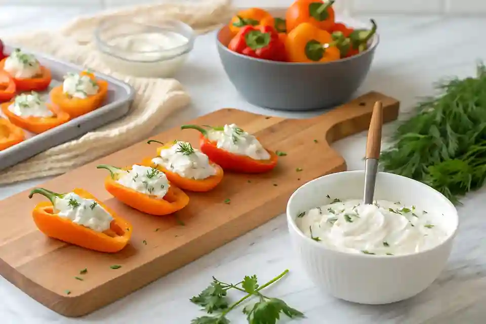 Step-by-step process of making Mini 'Carrot' Peppers, from slicing to filling and assembling with fresh dill.