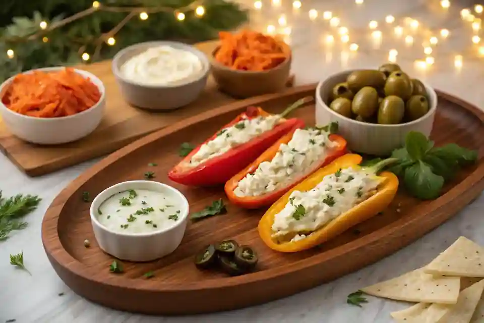 A serving platter showcasing four variations of Mini 'Carrot' Peppers, including classic, spicy, cheesy, and Mediterranean flavors.