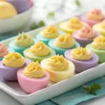 A plate of pastel-colored deviled eggs with creamy yolk filling, arranged on a white serving platter for Easter celebrations.