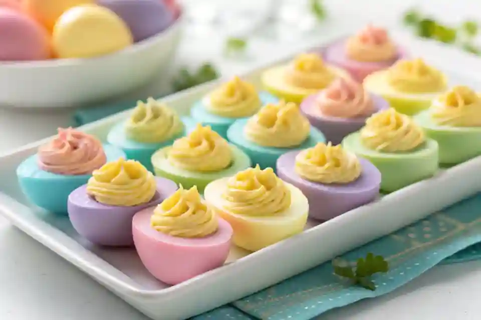 A plate of pastel-colored deviled eggs with creamy yolk filling, arranged on a white serving platter for Easter celebrations.