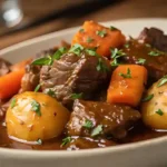 A bowl of slow-cooked garlic butter beef bites with tender potatoes and carrots, garnished with fresh parsley, served in a rustic white dish.