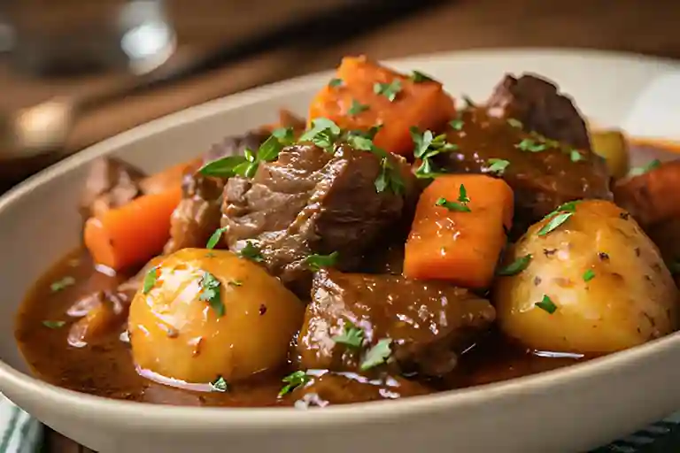 A bowl of slow-cooked garlic butter beef bites with tender potatoes and carrots, garnished with fresh parsley, served in a rustic white dish.