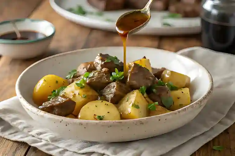 A plated serving of slow-cooked garlic butter beef bites with potatoes, garnished with fresh parsley, with a drizzle of sauce, served in a rustic white bowl.