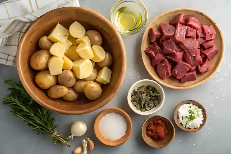 A top-down view of fresh ingredients for slow cooker garlic butter beef bites, including raw beef cubes, baby potatoes, garlic, herbs, and seasonings, arranged in wooden bowls on a kitchen counter.