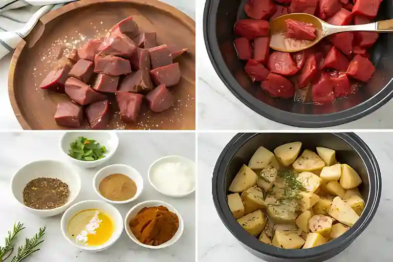 A sequence of images showing the step-by-step preparation of slow cooker garlic butter beef bites, from seasoning the beef to layering in the slow cooker and adding garlic butter sauce.