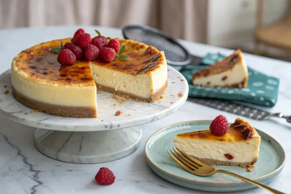 A rich and creamy Crème Brûlée Cheesecake with a caramelized sugar topping, served on a plate with fresh berries.