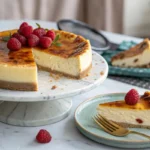 A rich and creamy Crème Brûlée Cheesecake with a caramelized sugar topping, served on a plate with fresh berries.