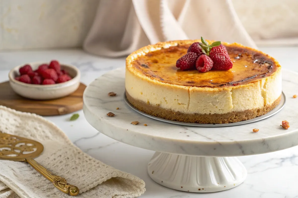 A rich and creamy Crème Brûlée Cheesecake with a caramelized sugar topping, served on a plate with fresh berries.