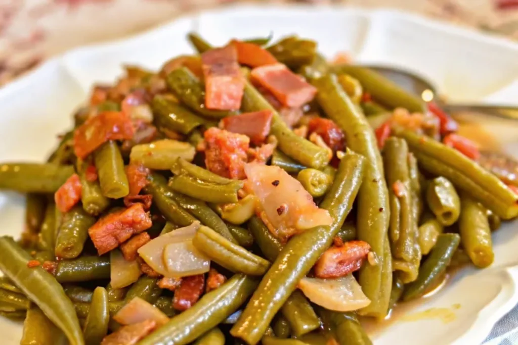 A plate of tender Southern green beans slow-cooked with bacon and onions.