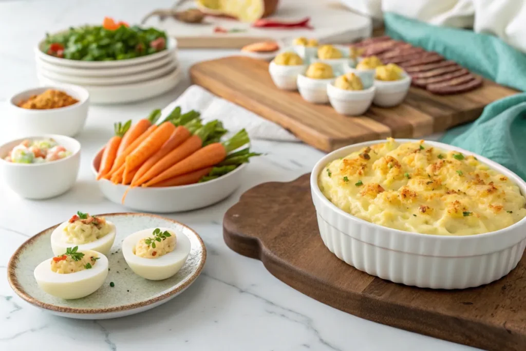 A beautifully set Easter dinner table with traditional dishes like roast lamb, ham, and vibrant spring sides.