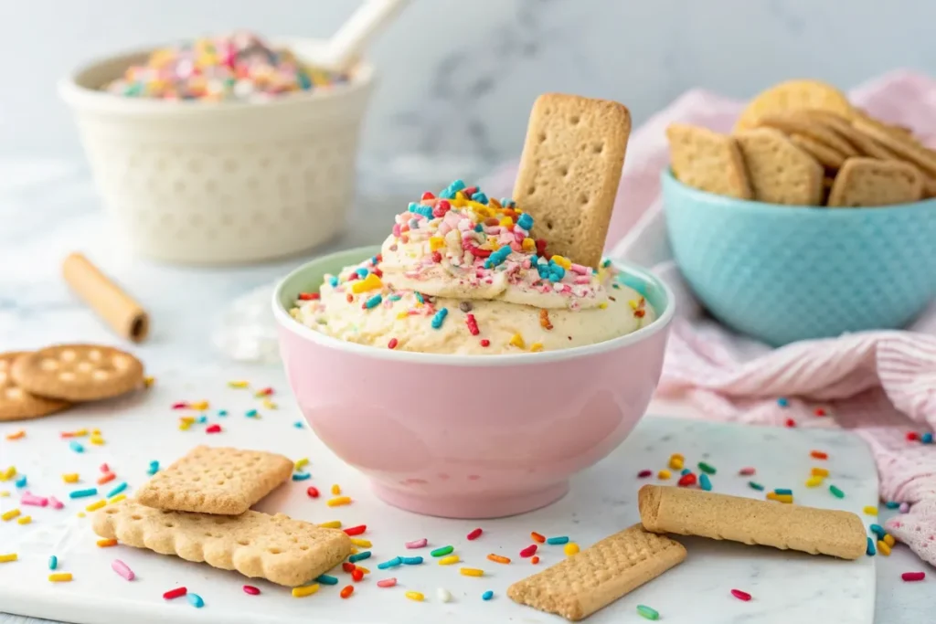 A creamy, colorful Funfetti Dip served in a bowl, topped with rainbow sprinkles.