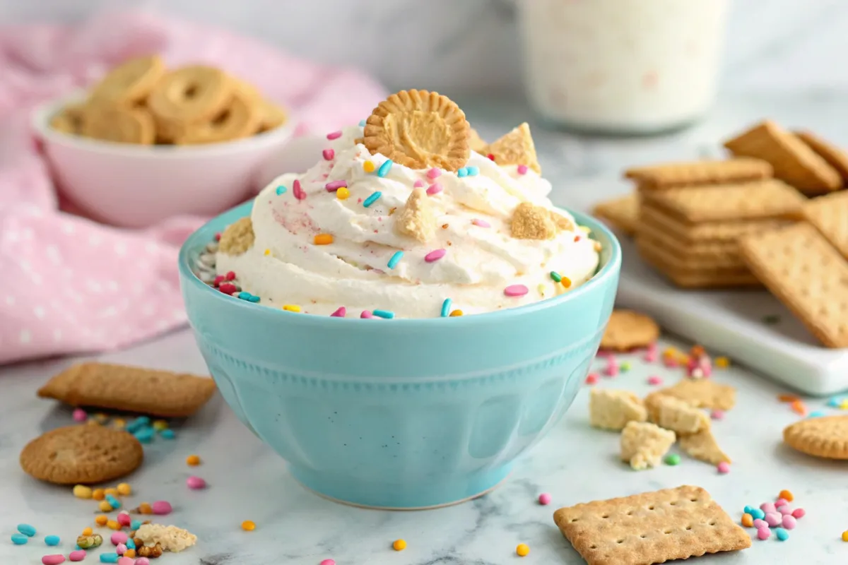 A creamy, colorful Funfetti Dip served in a bowl, topped with rainbow sprinkles.