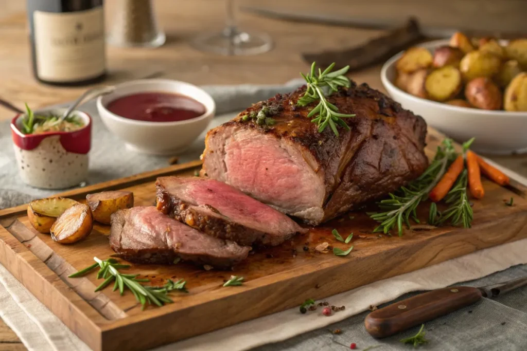 A beautifully set Easter dinner table with traditional dishes like roast lamb, ham, and vibrant spring sides.