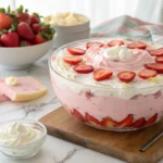 A vibrant Jello Salad served in a glass bowl, topped with fresh strawberries and whipped cream, perfect for potlucks and holidays.