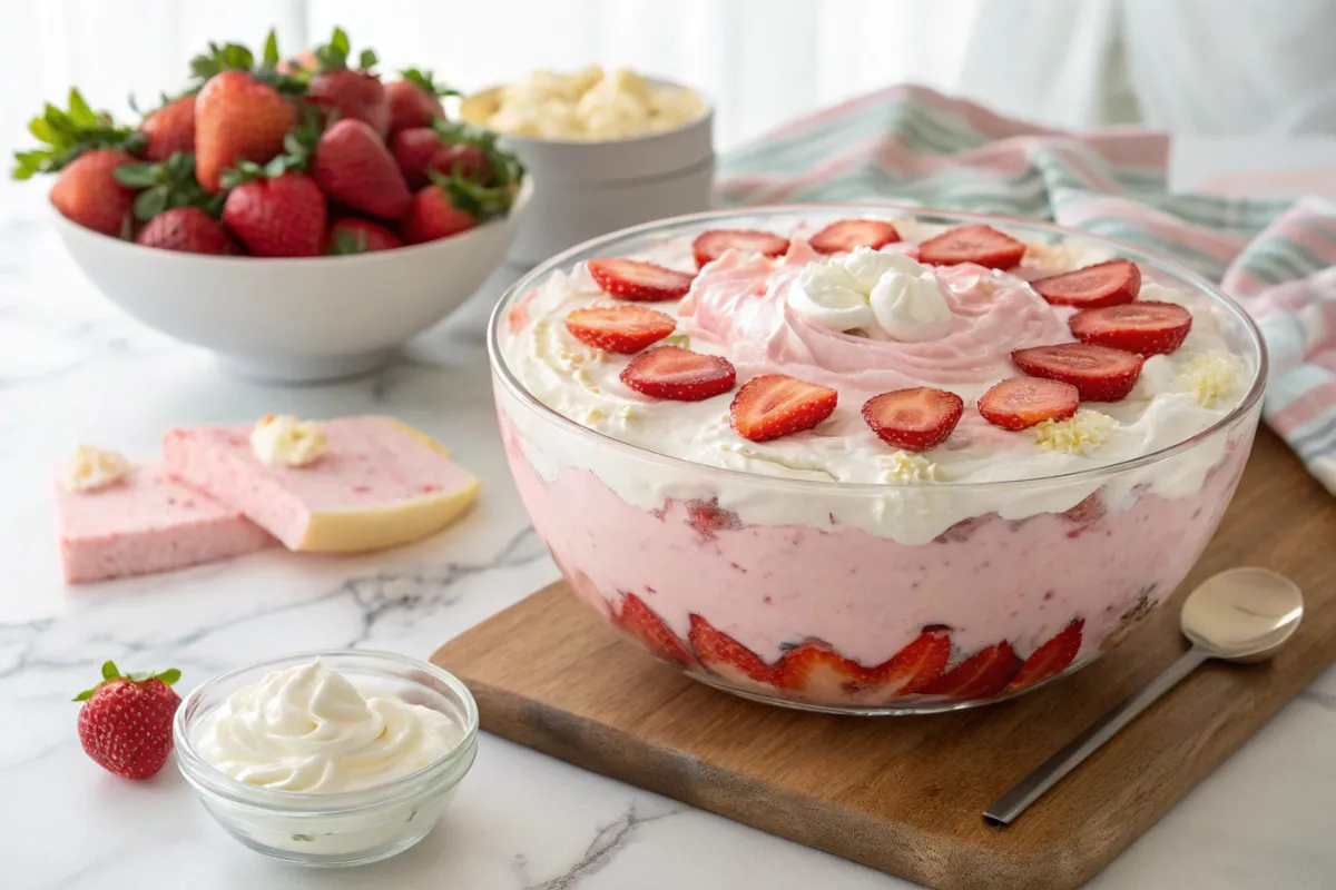 A vibrant Jello Salad served in a glass bowl, topped with fresh strawberries and whipped cream, perfect for potlucks and holidays.