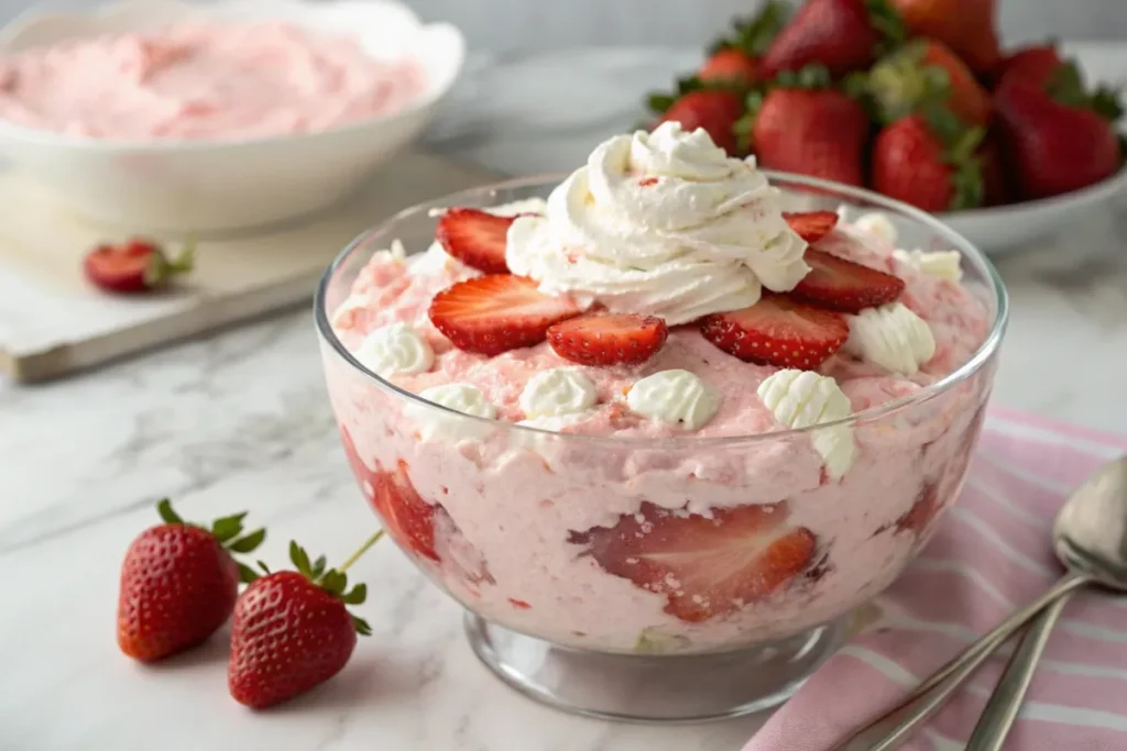 A vibrant Jello Salad served in a glass bowl, topped with fresh strawberries and whipped cream, perfect for potlucks and holidays.