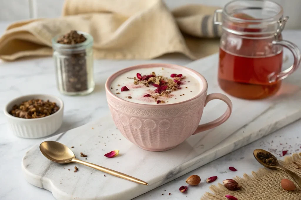 A cup of Rose Cardamom Tea Latte topped with frothy milk and a sprinkle of dried rose petals.