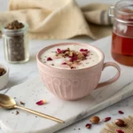 A cup of Rose Cardamom Tea Latte topped with frothy milk and a sprinkle of dried rose petals.