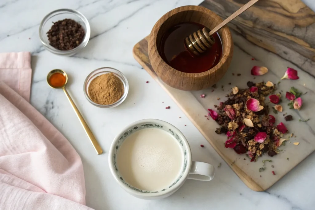 A cup of Rose Cardamom Tea Latte topped with frothy milk and a sprinkle of dried rose petals.