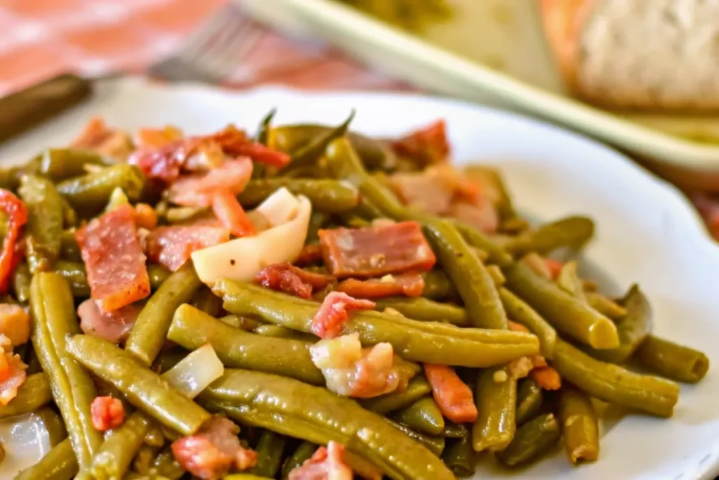 A plate of tender Southern green beans slow-cooked with bacon and onions.