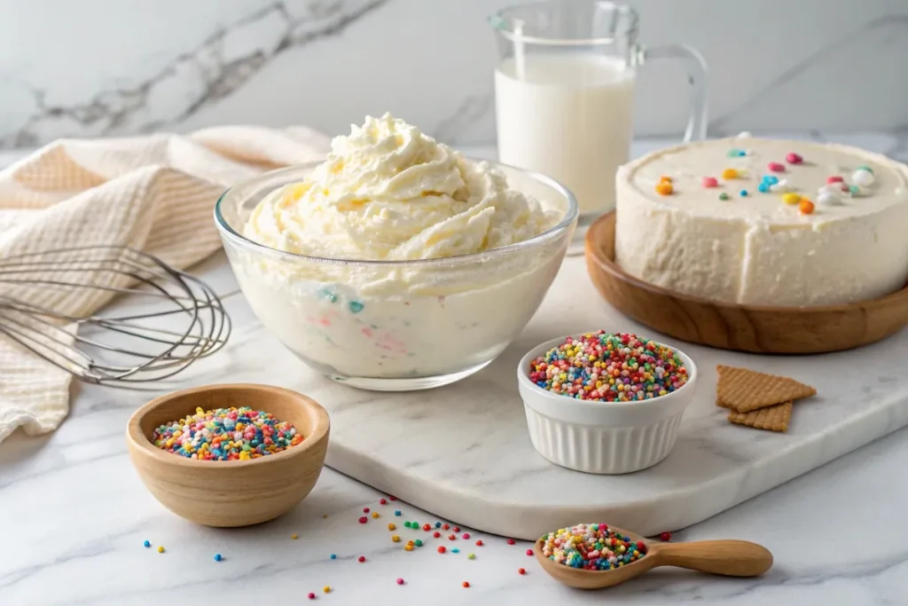 A creamy, colorful Funfetti Dip served in a bowl, topped with rainbow sprinkles.