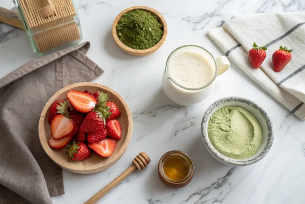 A layered strawberry matcha latte in a glass with ice, featuring vibrant green matcha and creamy pink strawberry sweet cream.