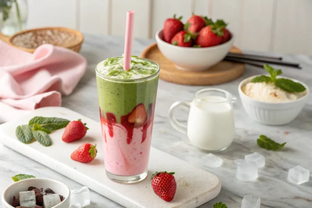 A layered strawberry matcha latte in a glass with ice, featuring vibrant green matcha and creamy pink strawberry sweet cream.