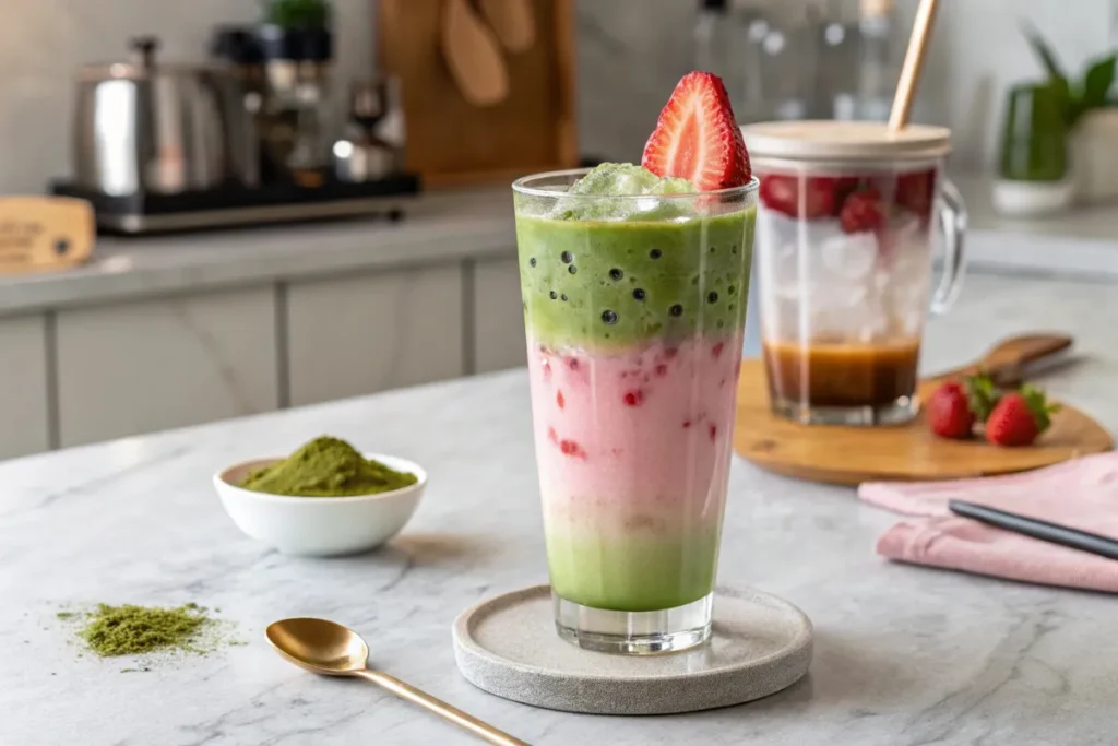 A layered strawberry matcha latte in a glass with ice, featuring vibrant green matcha and creamy pink strawberry sweet cream.