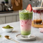 A layered strawberry matcha latte in a glass with ice, featuring vibrant green matcha and creamy pink strawberry sweet cream.