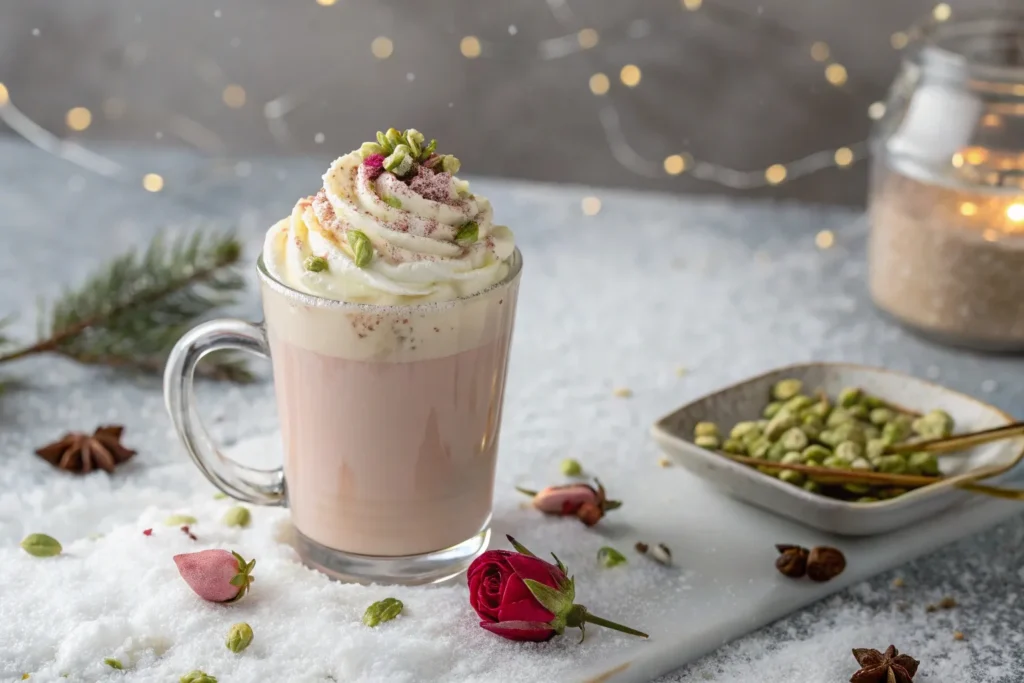 # Rosewater White Hot Chocolate: A Romantic Winter Indulgence When winter chills settle in, there's nothing quite like wrapping your hands around a steaming mug of hot chocolate. But this isn't just any hot chocolate – this Rosewater White Hot Chocolate elevates the familiar comfort drink into something truly special. The delicate floral notes of rose water transform creamy white chocolate into an elegant treat that feels both cozy and sophisticated, perfect for quiet evenings by the fire or special winter gatherings. What makes this hot chocolate unique is its beautiful balance of flavors and textures. The rich sweetness of white chocolate provides a velvety base that carries the subtle fragrance of rose water beautifully. Topped with a cloud of whipped cream, a sprinkle of crushed pistachios for texture, and a delicate rosebud for visual charm, this drink engages all your senses. It's hot chocolate reimagined as a multisensory experience – one that warms both body and spirit during the coldest months. ## A Harmonious Blend of Flavors The Rosewater White Hot Chocolate brings together three main flavor elements that complement each other perfectly: **White chocolate** offers a creamy, vanilla-forward sweetness that's more delicate than traditional chocolate. Without the robust cacao notes of dark chocolate, it creates the perfect neutral canvas for floral flavors. **Rose water** adds a gentle floral perfume that's instantly recognizable and deeply nostalgic for many. When used with restraint, it creates an aromatic quality that elevates the drink without overwhelming the palate. **Pistachios** contribute a subtle earthy nuttiness and beautiful color contrast. Their slightly savory quality balances the sweetness of the white chocolate, creating a more complex flavor profile. If you enjoy floral-infused beverages, you might also appreciate our [Lavender Cardamom Cold-Foam Latte](https://alexandrarecipes.com/lavender-cardamom-cold-foam-latte-recipe/), which offers another aromatic experience perfect for cooler weather. ## Simple Ingredients for a Luxurious Drink To create this romantic winter beverage, you'll need: * 1 cup almond milk * ¼ cup white chocolate chips * 1 tablespoon rose water * Pinch of sea salt * Whipped cream for topping * Crushed pistachios for garnish * Mini rosebud for garnish (optional) ### Notes on Ingredients **Almond Milk:** Its subtle nutty flavor pairs beautifully with the pistachio and rose elements. If almond milk isn't available, any milk works well – dairy milk will create a richer drink, while coconut milk adds a tropical note that complements the rose water nicely. **White Chocolate:** Use good quality white chocolate chips or chopped white chocolate bars for the smoothest melt and best flavor. Look for products that list cocoa butter among the first ingredients for authentic white chocolate taste. **Rose Water:** This is the key flavoring ingredient, so quality matters. Look for culinary-grade rose water, available in Middle Eastern markets, specialty food stores, or online. A little goes a long way – start with less than you think you need, as too much can make the drink taste perfumed. **Sea Salt:** Just a tiny pinch enhances all the other flavors and balances the sweetness of the white chocolate. Don't skip this seemingly minor ingredient – it makes a noticeable difference. ## How to Make Rosewater White Hot Chocolate Creating this elegant beverage is surprisingly simple: ### Step 1: Prepare the Base 1. Pour the almond milk into a small saucepan. 2. Warm the milk over medium-low heat until steaming but not boiling. Hot milk helps the chocolate melt evenly, but boiling can scorch the milk and affect the flavor. ### Step 2: Add the Chocolate 1. Reduce heat to low and add the white chocolate chips and pinch of sea salt. 2. Whisk continuously until the chocolate is completely melted and the mixture is smooth and well-blended. 3. Keep the heat gentle to prevent the chocolate from seizing or the mixture from boiling. ### Step 3: Infuse with Rose Water 1. Remove the saucepan from heat. 2. Add the rose water and stir gently to incorporate. 3. Adding the rose water off the heat preserves its delicate aroma, which can diminish with prolonged cooking. ### Step 4: Serve with Style 1. Pour the hot chocolate into your favorite mug. 2. Top with a generous swirl of whipped cream. 3. Sprinkle with crushed pistachios for color, texture, and flavor. 4. If available, place a small dried rosebud on top for a beautiful finishing touch. 5. Serve immediately while hot. The visual contrast between the pale blush drink, white cream, and green pistachios creates a feast for the eyes that hints at the flavor experience to come. ## Variations to Explore While the classic recipe is perfectly balanced, here are some delightful variations: ### Rose and Cardamom White Hot Chocolate Add a pinch of ground cardamom to the hot milk before adding the chocolate. This warming spice pairs beautifully with both rose and white chocolate, creating a more complex flavor profile with Middle Eastern influences. ### Raspberry Rose White Hot Chocolate Stir in a tablespoon of raspberry puree along with the rose water for a fruity twist that complements the floral notes while adding a subtle pink color. ### Iced Rosewater White Chocolate Allow the mixture to cool completely, then pour over ice for a refreshing summer version. The rose flavor is particularly refreshing when served cold. ### Honey-Sweetened Variation Replace some of the white chocolate with a tablespoon of honey for a different dimension of sweetness that pairs beautifully with the floral theme. ## Tips for the Perfect Rosewater White Hot Chocolate * **Temperature control:** Heat the milk gently to prevent scorching and maintain the delicate flavors. * **Rose water restraint:** Start with just ½ tablespoon of rose water, taste, and adjust to preference. It's easier to add more than to fix an overpowering floral taste. * **Quality ingredients:** With so few ingredients, quality matters – especially for the white chocolate and rose water. * **Fresh garnishes:** For the most beautiful presentation, add the whipped cream and garnishes just before serving. * **Serving temperature:** Serve hot but not scalding to best appreciate the aromatic qualities of the rose water. ## Perfect Occasions for Rosewater White Hot Chocolate This romantic beverage suits numerous occasions: * **Valentine's Day celebrations:** The rose theme makes it perfect for romantic evenings. * **Winter gatherings:** Offer as a sophisticated alternative to traditional hot chocolate. * **Afternoon treats:** Pair with delicate cookies for an elegant afternoon break. * **Holiday entertaining:** The festive appearance makes it perfect for winter holidays. * **Self-care evenings:** Elevate your me-time with this special treat that turns an ordinary evening into a moment of luxury. ## The Cultural Heritage of Rose in Beverages Rose has been used as a flavoring in beverages across many cultures, particularly in the Middle East, North Africa, and South Asia. From Persian rose sharbats to Turkish delight-flavored drinks, the floral essence of rose has long been appreciated for both its aromatic qualities and its association with luxury and beauty. By incorporating rose water into white hot chocolate, this recipe creates a cross-cultural fusion that connects European chocolate traditions with Middle Eastern flavor profiles. The addition of pistachios – another ingredient treasured in Middle Eastern cuisines – further reinforces this beautiful cultural bridge. ## The Comfort of Hot Chocolate with an Elegant Twist Hot chocolate has been enjoyed as a comfort beverage for centuries, dating back to ancient Mayan and Aztec cultures. While most people are familiar with traditional dark chocolate versions, white hot chocolate offers a different experience – sweeter, creamier, and more adaptable to delicate flavors like rose water. This variation maintains the soothing qualities that make hot chocolate so beloved during cold weather, while introducing an unexpected sophistication. The result is a drink that comforts and intrigues simultaneously – familiar enough to feel cozy but unique enough to feel special. ## Final Thoughts: A Mug Full of Winter Romance The Rosewater White Hot Chocolate embodies a perfect balance between comfort and elegance. It takes the familiar warmth of hot chocolate and transforms it with floral notes and visual beauty into something worthy of special occasions, yet simple enough for everyday indulgence. The combination of creamy sweetness, gentle floral aroma, and nutty garnish creates a multisensory experience that feels like self-care in a mug. What makes this drink particularly appealing is how it elevates a winter staple into something unexpected. Like a cozy sweater adorned with beautiful embroidery, it maintains all the comfort of the original while adding elements of beauty and surprise. The rose water doesn't reinvent hot chocolate – it enhances it, adding layers of aroma and flavor that complement its inherent creaminess. Whether you're making it for yourself as a special treat, sharing it with someone special on a cold evening, or serving it to guests as part of a winter gathering, this rosy twist on white hot chocolate offers a moment of accessible luxury. It reminds us that with just a few thoughtful ingredients and minimal effort, we can transform everyday moments into small celebrations – a philosophy that's especially valuable during the darker, colder months when we could all use a little extra warmth and beauty.